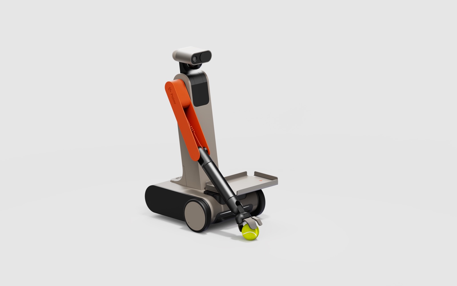 Palmr — articulated arm picking up a tennis ball during a fitness session